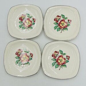 Paden City Pottery Set of 4 Square Saucer Plates Rosewood Floral Vintage USA